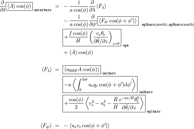 \frac{\partial}{\partial t} \boxed{ \langle A \rangle \cos(\phi) }_\mathtt{~astarbaro} ~ = ~
& - \frac{1}{a \cos(\phi)} \frac{\partial}{\partial \lambda} \langle F_{\lambda} \rangle \\
& - \frac{1}{a \cos(\phi)} \frac{\partial}{\partial \phi'} \boxed{ \langle F_{\phi'} \cos(\phi + \phi') \rangle }_{~\mathtt{~ep2baro} \mathrm{(north)}, \mathtt{ep3baro} \mathrm{(south)}} \\
& \boxed{ + \frac{f \cos(\phi)}{H} \left( \frac{v_e \theta_e}{\partial \tilde\theta / \partial z} \right)_{z=0} }_\mathtt{~ep4} \\
& + \langle \dot A \rangle \cos(\phi) \\
\langle F_{\lambda} \rangle ~ = ~
& \boxed{ \langle u_\mathrm{REF} A \cos(\phi) \rangle }_\mathtt{~ua1baro} \\
& \boxed{ - a \left\langle \int_0^{\Delta\phi} u_e q_e \cos(\phi + \phi') \mathrm{d}\phi' \right\rangle }_\mathtt{~ua2baro} \\
& \boxed{ + \frac{\cos(\phi)}{2} \left\langle v_e^2 - u_e^2 - \frac{R}{H} \frac{e^{-\kappa z / H} \theta_e^2}{\partial \tilde\theta / \partial z} \right\rangle }_\mathtt{~ep1baro} \\
\langle F_{\phi'} \rangle ~ = ~
& - \langle u_e v_e \cos(\phi + \phi') \rangle